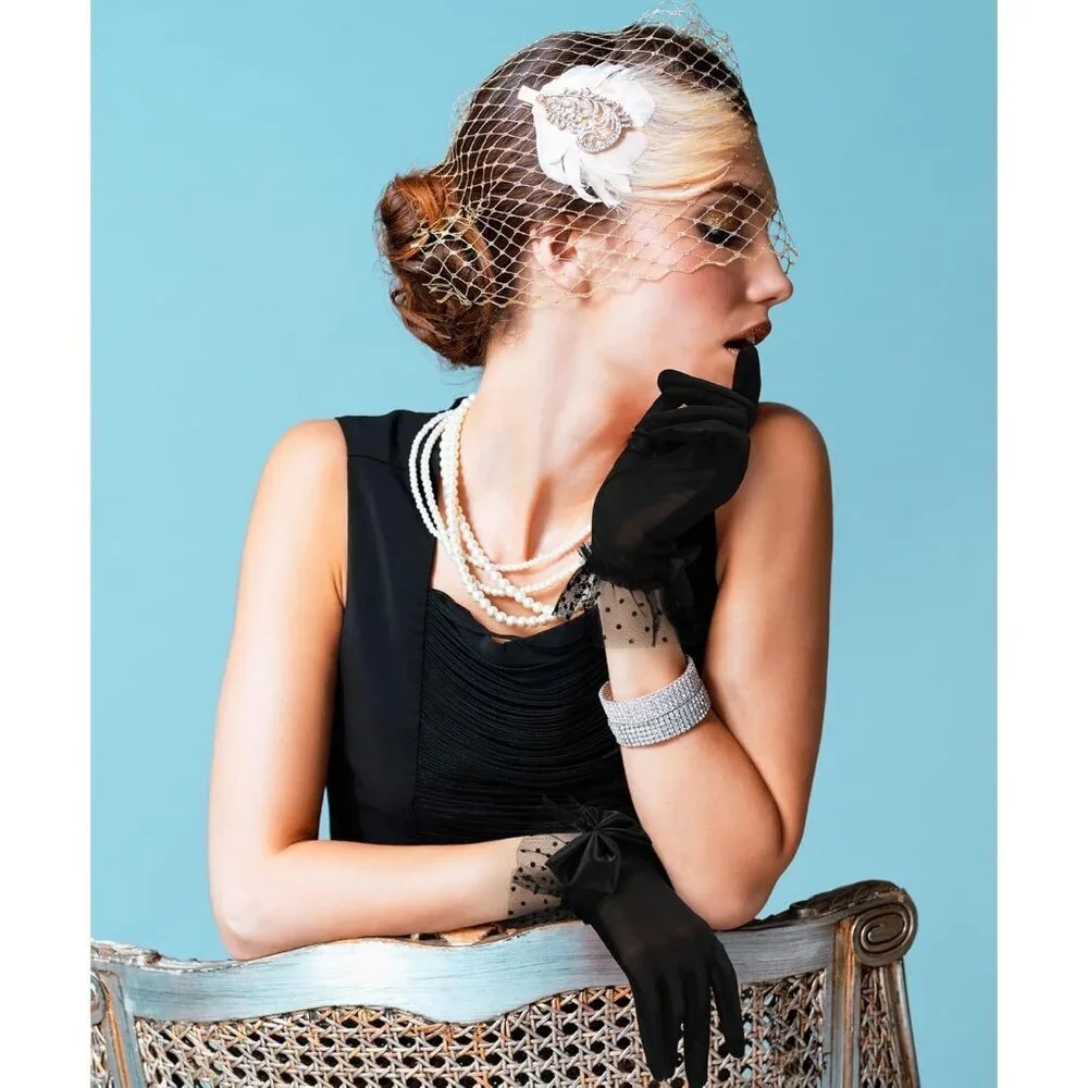 Women's Bow Lace Short Gloves Black Princess Wedding Evening Party Accessories